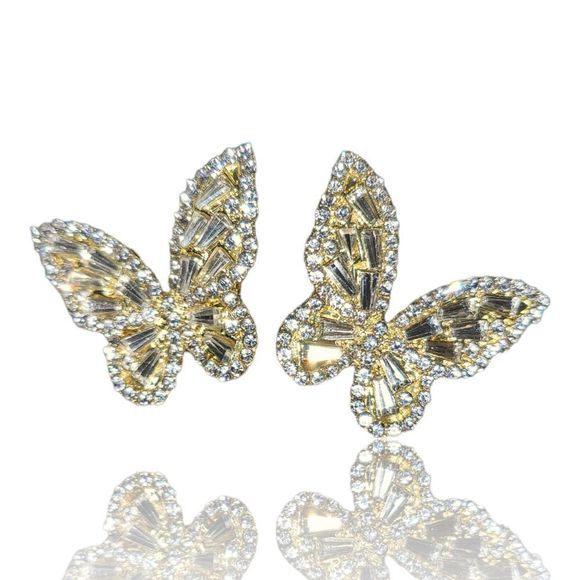 Gold-Tone Round and Baguette White Crystal Butterfly Pierced Earrings - Picture 4 of 6